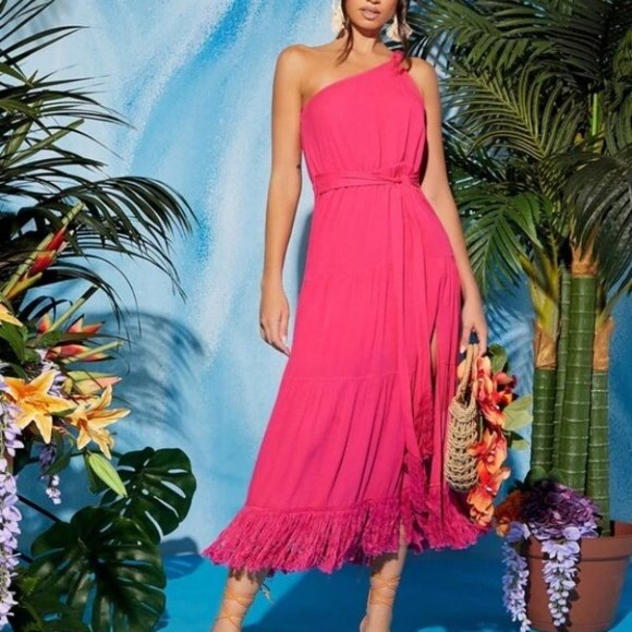 One Shoulder Belted Fringe Trim Thigh split Ruffled Hem Dress PINK - Picture 5 of 6